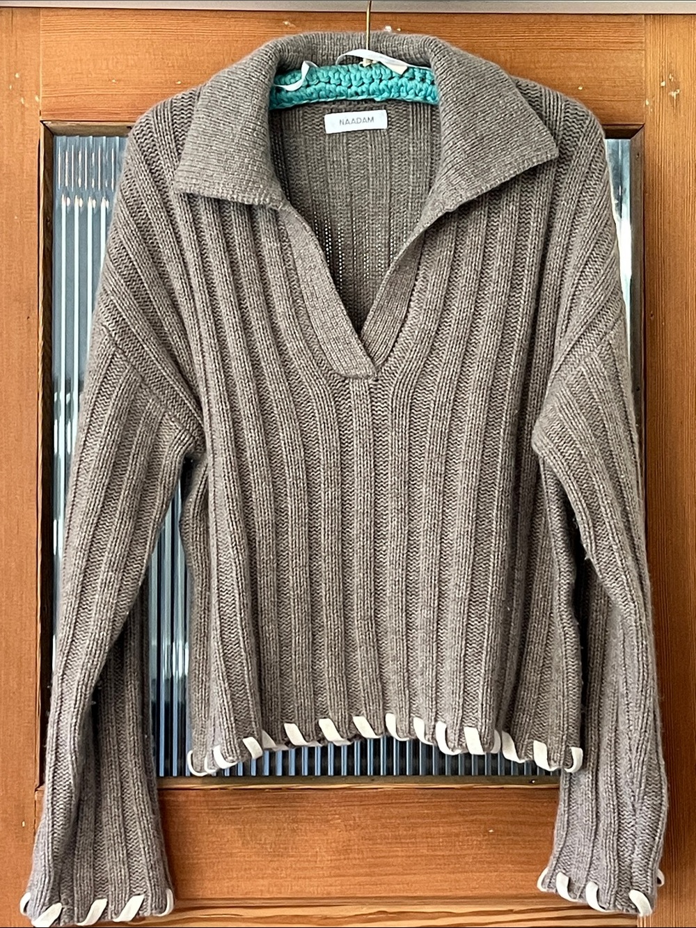 NAADAM Taupe Ribbed V-Neck Foldover Collar Sweater